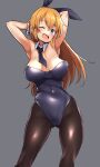  1girl animal_ears armpits arms_behind_back black_leotard black_pantyhose blue_eyes blush breasts buta-don charlotte_e._yeager cleavage fake_animal_ears grey_background highres large_breasts leotard long_hair looking_at_viewer one_eye_closed open_mouth orange_hair pantyhose playboy_bunny rabbit_ears shiny_hair shiny_skin simple_background smile solo strike_witches world_witches_series 