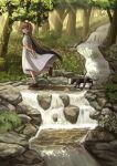  1girl absurdres arms_behind_back bangs black_cat blue_eyes brown_hair cat day dress forest grabbing_own_arm grass hair_intakes highres long_hair looking_at_viewer nature original outdoors silvertsuki solo tree walking water waterfall white_dress 
