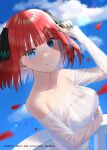 1girl bangs blue_nails blunt_bangs breasts cleavage closed_mouth collarbone day dress falling_petals faton go-toubun_no_hanayome highres large_breasts looking_at_viewer medium_hair nakano_nino petals red_hair rose_petals smile solo standing upper_body wedding_dress white_dress 