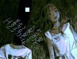  1boy 1girl brown_hair commentary dress english_text grass highres long_hair lying machipachi1901 on_back onodera_punpun oyasumi_punpun shirt surreal tanaka_aiko white_dress white_shirt 