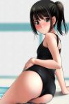  1girl absurdres ass bangs bare_arms bare_shoulders black_hair black_one-piece_swimsuit blurry blurry_background blush brown_eyes closed_mouth depth_of_field highres looking_at_viewer looking_back matsunaga_kouyou nose_blush one-piece_swimsuit original ponytail sidelocks solo swimsuit 