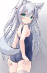  1girl animal_ear_fluff animal_ears ass blue_one-piece_swimsuit breasts expressionless green_eyes grey_background grey_hair hair_bobbles hair_ornament hand_on_own_ass highres long_hair mochizuki_riku one-piece_swimsuit original school_swimsuit simple_background small_breasts solo swimsuit tail thighhighs thighs two_side_up white_thighhighs wolf_ears wolf_tail 