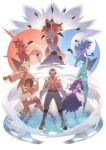  2boys 3girls absurdres acerola_(pokemon) anklet baseball_cap bead_necklace beads capri_pants dark-skinned_female dark-skinned_male dark_skin dress facial_hair goatee green_footwear grey_pants hala_(pokemon) halter_shirt halterneck hat highres jacket jewelry kahili_(pokemon) kukui_(pokemon) lycanroc lycanroc_(dusk) lycanroc_(midday) lycanroc_(midnight) multiple_boys multiple_girls mustache necklace odd_(hin_yari) old old_man olivia_(pokemon) open_clothes open_jacket open_shirt pants pencil_skirt pokemon pokemon_(creature) pokemon_sm sandals skirt topknot visor_cap wind z-ring 