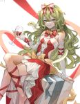  1girl :d alcohol arrrrrry1 bangs bare_shoulders barefoot bow bowtie breasts christmas cleavage crossed_legs cup dress drinking_glass gift green_eyes green_hair grin hair_bow holding holding_cup honkai_(series) honkai_impact_3rd long_hair looking_at_viewer merry_christmas mobius_(honkai_impact) red_bow red_bowtie red_dress sitting slit_pupils smile snake solo teeth wavy_hair wine wine_glass 