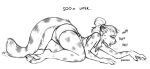  2020 anthro artist_name barefoot biped bottomwear breath claws clothed clothing digital_media_(artwork) english_text exhausted feet felid female foxovh fur hindpaw mammal markings monochrome pawpads paws shaded shorts simple_background solo spots spotted_markings tail text toe_claws topwear white_background 
