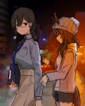  2girls absurdres ahoge animal_ears beanie black_eyes black_hair black_shorts blue_eyes blue_necktie blue_shirt breasts brown_hair brown_pants city clipboard closed_mouth clothes_grab collared_shirt ears_through_headwear expressionless female_trainer_(umamusume) glass grabbing_another's_sleeve graviton_beam_emitter grey_hat grey_jacket hair_between_eyes hat highres hood hooded_jacket horse_ears horse_girl horse_tail jacket large_breasts long_hair long_sleeves looking_at_another looking_back messy_hair multiple_girls nakayama_festa_(umamusume) necktie night outdoors pants ponytail roroko_momo shirt shirt_grab short_shorts shorts sleeve_grab small_breasts tail trainer_(umamusume) umamusume yuri 