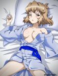  1girl absurdres ass_visible_through_thighs blush breasts breasts_apart brown_hair collarbone highres japanese_clothes kimono kyomeihibiki large_breasts looking_at_viewer lying no_bra on_back open_mouth pillow senki_zesshou_symphogear shiny_skin short_hair solo tachibana_hibiki_(symphogear) yellow_eyes yukata 