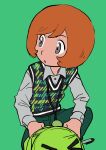  1boy :o alternate_costume bag_removed bangs buttons collared_shirt commentary elizabeth_(tomas21) green_background green_bag green_pants grey_eyes grey_shirt highres long_sleeves looking_to_the_side male_focus orange_hair pants parted_lips pokemon pokemon_(game) pokemon_xy shirt short_hair simple_background solo trevor_(pokemon) vest 