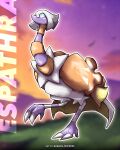  bird blurry blurry_background character_name commentary espathra full_body green_pupils highres kelvin-trainerk no_humans outline pokemon pokemon_(creature) solo twitter_username watermark white_eyes 