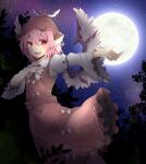  1girl :d absurdres animal_ears bangs blush breasts dress earrings full_moon hair_between_eyes hand_on_own_chest hat highres jewelry looking_at_viewer moon moonlight mystia_lorelei neko_pachi night open_mouth outstretched_arm petticoat pink_eyes pink_hair sky small_breasts smile solo touhou tree wide_sleeves wings 