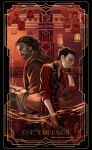  2boys arcane:_league_of_legends art_deco artist_name beard black_vest border card english_commentary english_text eriochromatic facial_hair facing_to_the_side fighting_stance gloves hand_on_own_face highres holding holding_knife knife league_of_legends looking_to_the_side male_focus multiple_boys ornate_border piltover profile red_shirt roman_numeral shirt silco_(arcane) swept_bangs tarot tarot_card the_emperor_(tarot) twitter_username vander_(arcane) vest water 