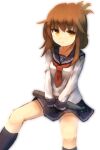  1girl anchor_symbol black_sailor_collar black_skirt black_socks brown_eyes brown_hair closed_mouth feet_out_of_frame folded_ponytail highres inazuma_(kancolle) kantai_collection kneehighs long_hair looking_at_viewer neckerchief red_neckerchief sailor_collar school_uniform serafuku shone simple_background skirt socks solo torpedo white_background 