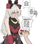  1boy 2girls animal_ears armored_leotard blush body_armor braid breasts closed_mouth cowboy_shot cowgirl_position cropped_head dark-skinned_female dark_skin english_cocker_spaniel english_text fake_animal_ears girls&#039;_frontline girls&#039;_frontline_2:_exilium grey_hair hair_between_eyes highres holding_hands implied_sex interlocked_fingers krolik_(girls&#039;_frontline_2) leotard long_hair looking_at_another maven_(madeinheaven_23) mechanical_ears multiple_girls nemesis_(girls&#039;_frontline_2) open_mouth playboy_bunny rabbit_ears red_eyes simple_background smug solo_focus speed_lines spread_legs straddling sweat tactical_playboy_bunny torn_clothes torn_leotard white_background 