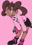  1girl :d alternate_costume bag bangs bent_over black_footwear black_skirt boots brown_hair commentary dark-skinned_female dark_skin earrings elizabeth_(tomas21) eyelashes fur_sweater green_eyes highres jewelry looking_at_viewer nail_polish open_mouth pink_background pink_bag pink_nails pink_socks pink_sweater pokemon pokemon_(game) pokemon_xy shauna_(pokemon) shoulder_bag simple_background skirt smile socks solo sweater teeth twintails upper_teeth_only 