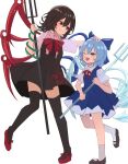  2girls ;d absurdres asymmetrical_wings bangs black_footwear black_hair black_thighhighs blue_bow blue_dress blue_eyes blue_hair blue_wings bow bowtie cirno commentary_request detached_sleeves dress hair_bow headpat highres holding holding_polearm holding_weapon houjuu_nue ice ice_wings looking_at_another mikan_(manmarumikan) multiple_girls one_eye_closed polearm red_bow red_bowtie red_eyes red_footwear red_wings short_hair short_sleeves simple_background smile snake_armband socks standing standing_on_one_leg thighhighs touhou trident weapon white_background white_socks wings 