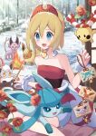  1girl :d bangs blonde_hair blue_eyes blush bracelet character_print chingling collar commentary_request day espeon eyelashes fire flareon glaceon hair_between_eyes hairband hand_up haru_(haruxxe) highres hisuian_zorua holding holding_paintbrush irida_(pokemon) jewelry new_year on_lap open_mouth outdoors paintbrush pokemon pokemon_(creature) pokemon_(game) pokemon_legends:_arceus pokemon_on_lap red_hairband red_shirt sash shirt short_hair shorts sitting smile snow strapless strapless_shirt waist_cape white_shorts 