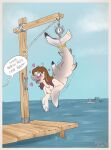 2024 areola artist_collaboration blue_eyes blush blush_lines boat breasts brown_hair captured english_text female fin fish fishing_net flippers foxx foxxy_(foxxy-tf) fused_fingers fused_legs fused_toes hair hanging_by_tail heart_symbol hi_res human_to_feral humanoid icaron jewelry marine mid_transformation motion_lines necklace necklace_only net nipples nude offscreen_character open_mouth pier pink_areola pink_heart pink_nipples rope rope_around_ankle shark shark_teeth signature sky solo species_transformation speech_bubble suspended_in_midair tail teeth text transformation vehicle water watercraft weighing_scale