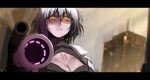  1girl angry breasts decepticon fusion_cannon grey_hair harashu_(harashu96) highres kotobukiya_bishoujo megatron megatron_(kotobukiya_bishoujo) megatron_(transformers_one) orange_eyes scar scar_on_breasts shadow transformers transformers_one watermark 