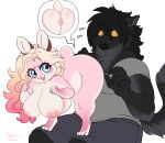  &lt;3 alternate_species anthro areola bent_over big_breasts big_butt black_body black_fur black_hair blonde_hair blue_eyes bottomwear breasts butt canid canine canis clothed clothing duo female flustered fully_clothed fur genitals hair hanging_breasts hi_res lagomorph larger_male leporid male male/female mammal marzipan_(spottedtigress) nipples nude pink_areola pink_body pink_fur pink_nipples predator/prey presenting presenting_hindquarters presenting_pussy pussy rabbit shirt short_stack shorts size_difference slightly_chubby smaller_female spottedtigress standing_on_lap topwear wide_eyed wolf 