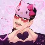  1boy black_hair blood blood_on_face facial_hair forehead_protector goatee golden_kamuy hair_slicked_back heart heart_hands hello_kitty hello_kitty_(character) highres looking_at_viewer male_focus merchandise mustache raiz_art scar scar_on_face short_hair smile solo sparkle tsurumi_tokushirou upper_body 