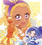  2girls amamiya_elena aono_miki bangs blonde_hair blue_choker blue_eyes blue_hair blue_skirt blush choker commentary_request cure_berry dark-skinned_female dark_skin fresh_precure! gloves headband headset long_hair magical_girl midriff multiple_girls nakatsu_(pr_nagom) no_bangs one_eye_closed open_mouth orange_gloves precure purple_eyes short_sleeves side_ponytail skirt smile star_twinkle_precure wrist_cuffs 