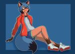  2020 animal_humanoid blue_hair bottomwear brand_new_animal breasts canid canid_humanoid canine canine_humanoid clothed clothing digital_drawing_(artwork) digital_media_(artwork) female footwear hair hi_res humanoid looking_away lying mammal mammal_humanoid michiru_kagemori pocky_in_mouth red_clothing shoes shorts small_breasts sneakers solo studio_trigger sudsypup tail tanuki_humanoid 