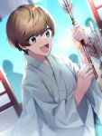  1623 1boy architecture blue_sky bow_(weapon) clothing_request dankira!!! east_asian_architecture fingernails green_eyes japanese_clothes light_brown_hair looking_at_viewer male_focus miki_nozomu mole mole_under_eye open_mouth short_hair sky smile solo weapon 