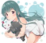  1girl animal bangs bare_arms bear blue_eyes blunt_bangs blush bow bowtie closed_mouth collarbone commentary_request dress green_hair hair_ribbon highres holding holding_animal kuma_kuma_kuma_bear long_hair looking_at_viewer motsutoko red_eyes ribbon simple_background smile sundress white_background white_dress yuna_(kuma_kuma_kuma_bear) 