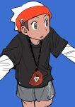  1boy :o alternate_costume beanie black_shirt blue_background brendan_(pokemon) brown_hair commentary cowboy_shot elizabeth_(tomas21) grey_eyes grey_shorts hat highres knees looking_to_the_side male_focus outstretched_arms parted_lips pokemon pokemon_(game) pokemon_oras print_shorts shirt short_hair short_sleeves shorts simple_background solo t-shirt undershirt white_headwear 