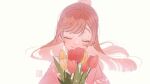  1girl bangs closed_eyes commentary flower half_updo hirogaru_sky!_precure long_hair nijigaoka_mashiro pink_hair precure red_flower smile solo swept_bangs tete_a tulip white_background white_flower 