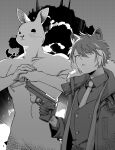  2boys animal_ears buttons coat collared_shirt cracking_knuckles double-breasted explosion finger_on_trigger fur-trimmed_coat fur_trim furry furry_male gloves greyscale gun hair_between_eyes half_gloves handgun highres holding holding_gun holding_weapon holostars jackal_boy jackal_ears juu_(45_jujut) kageyama_shien looking_at_viewer male_focus monochrome multicolored_hair multiple_boys necktie open_clothes open_coat parted_lips rabbit_boy shirt short_hair stole toned toned_male two-tone_hair upper_body v-shaped_eyebrows vest virtual_youtuber weapon 