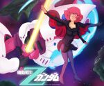  1girl asteroid axis_(gundam) beam_saber commentary copyright_name dress english_commentary gundam haman_karn highres machinery mecha mixed-language_text mobile_suit nebula neo_zeon parted_lips pink_hair qubeley robot rodaranda_art science_fiction space star_(sky) title toon_(style) zeta_gundam 
