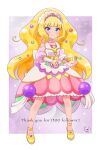  apron bangs blonde_hair blue_eyes bow bridal_gauntlets commentary_request creamy_fleuret cure_finale delicious_party_precure full_body highres kasai_amane long_hair magical_girl moro_precure precure smile sparkle_hair_ornament tiara white_bow wide_ponytail yellow_footwear 