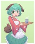  1girl animal_ears border cup dog_ears dog_tail fang frilled_skirt frills green_eyes green_hair green_skirt green_tea highres holding holding_tray japanese_clothes kasodani_kyouko kimono laska_(572124034) long_sleeves pink_kimono pleated_skirt short_hair skin_fang skirt solo tail tea touhou touhou_mystia&#039;s_izakaya tray white_border wide_sleeves 