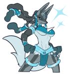  2022 anthro armband breasts chest_spike clothed clothing female fighting_pose holowear_(pokemon) jewelry mega_evolution mega_lucario monochrome nintendo pokeball pokemon pokemon_(species) pokemon_unite pose redrabbu ruins_style_lucario simple_background skimpy solo sparkles spikes spikes_(anatomy) under_boob white_background 