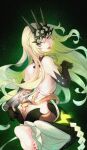  1girl :p asymmetrical_gloves back bangs bare_shoulders black_dress black_gloves black_nails closed_mouth crown dress gloves green_background green_eyes green_hair honkai_(series) honkai_impact_3rd hulai_de_gou_sheng long_hair looking_at_viewer looking_back mismatched_gloves mobius_(honkai_impact) nail_polish slit_pupils smile soles solo toes tongue tongue_out wavy_hair 