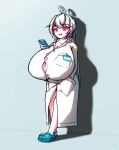  1girl :3 absurdres ahoge breasts buttons cleavage_cutout clothing_cutout collarbone commission crocs floofsmear hair_between_eyes highres holding holding_phone huge_breasts labcoat large_breasts leaning_back legs long_hair looking_at_viewer name_tag open_mouth original phone ponytail red_eyes self_upload shadow shirt shortstack smug white_hair 