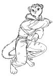  ambiguous_gender anthro azuza black_and_white bottomwear clothed clothing full-length_portrait hair hi_res hoodie looking_at_viewer monochrome mouth_closed neck_tuft pants portrait short_hair signature simple_background sketch solo species_request topwear tuft 