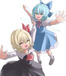  2girls :d absurdres ascot bangs black_dress blonde_hair blue_bow blue_dress blue_eyes bow cirno collarbone collared_shirt detached_wings dress hair_bow hair_ribbon highres ice ice_wings looking_at_viewer mikan_(manmarumikan) multiple_girls open_mouth outstretched_arms red_ascot red_ribbon ribbon rumia shirt short_sleeves smile socks touhou white_shirt white_socks wings yellow_eyes 