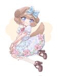  1girl animal_ears apron bangs blue_bow blue_eyes blush bow bracelet brown_footwear brown_hair delicious_party_precure dog_ears dog_girl dog_tail dress_flower duko frilled_bow frills full_body hair_bow highres jewelry kneehighs pam-pam_(precure) pam-pam_(precure)_(human) precure smile socks solo tail white_background 