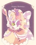  1girl bangs blonde_hair blunt_bangs blush bridal_gauntlets closed_eyes commentary cure_finale cure_finale_(children&#039;s_lunch) delicious_party_precure gloves happy_birthday huge_bow kasai_amane long_hair magical_girl maid_headdress precure smile solo spoon white_gloves wide_ponytail 
