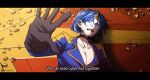  1girl begging blue_eyes blue_hair choker english_text harashu_(harashu96) highres multicolored_hair sentinel_prime_(transformers_one) short_hair transformers transformers_one watermark 