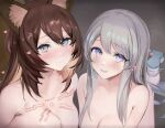  2girls animal_ear_fluff animal_ears blue_eyes blush breasts brown_hair caleen_keemosn chest_tattoo cleavage closed_mouth commentary completely_nude fox_ears fox_girl fox_tail grey_hair heart highres long_hair looking_at_viewer lying medium_breasts multiple_girls neko_no_youchuu nude on_stomach open_mouth paid_reward_available pov purple_eyes sidelocks smile star_ocean star_ocean_anamnesis tail tattoo tika_blunche topless upper_body white_footwear 