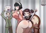  ass assertive_female becky_blackbell black_hair blonde_hair brown_hair chair formal heart heart-shaped_eyes highres huge_ass indoors long_hair necktie red_necktie semi_draws short_hair short_twintails sign skirt spy_x_family suit twilight_(spy_x_family) twintails watermark wedgie yor_briar 