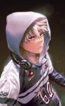 166_172 1boy bakugou_katsuki black_background blonde_hair boku_no_hero_academia headphones headphones_around_neck highres hood hood_up hooded_jacket jacket korean_commentary looking_at_viewer male_focus multicolored_clothes multicolored_jacket parted_lips red_eyes simple_background solo spiked_hair upper_body 