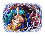  1girl black_maria_(one_piece) blonde_hair blue_eyes hair_ornament horns japanese_clothes kimono long_hair looking_at_viewer official_art one_piece one_piece_treasure_cruise oni_horns open_mouth teeth upside-down 