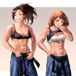  166_172 2girls abs belt black_belt black_bra black_eyes black_hair blue_pants boku_no_hero_academia bra brown_eyes brown_hair clothes_lift collarbone gradient_background highres long_hair looking_at_viewer multiple_girls muscular muscular_female navel open_mouth pants shirt_lift simple_background sports_bra sweat underwear upper_body uraraka_ochaco white_bra yaoyorozu_momo 