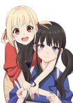  2girls absurdres apron bangs black_hair blonde_hair blue_kimono blush closed_mouth commentary_request hair_ribbon hand_up highres hug hug_from_behind inoue_takina japanese_clothes kimono long_hair looking_at_viewer lycoris_recoil multiple_girls needle_(needlebomb) nishikigi_chisato open_mouth purple_hair red_eyes red_kimono red_ribbon ribbon simple_background smile twintails two_side_up w white_background 