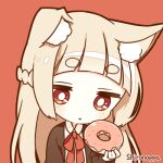  1girl animal_ear_fluff artist_name avatar_icon bangs blunt_bangs blush bow bowtie braid brown_hair brown_jacket doughnut food french_braid holding holding_food jacket long_sleeves lowres open_mouth original red_background red_bow red_bowtie red_eyes shironappa shirt sidelocks solo triangle_mouth white_shirt yuruneko_shoujo 