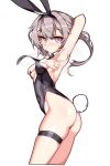 1girl ahoge animal_ears armpits bangs black_necktie blush breasts closed_mouth girls&#039;_frontline godgamesc2 grey_hair hair_between_eyes highres looking_at_viewer m200_(girls&#039;_frontline) necktie playboy_bunny ponytail purple_eyes rabbit_ears rabbit_tail simple_background small_breasts solo spread_armpit sweatdrop tail thigh_strap white_background 